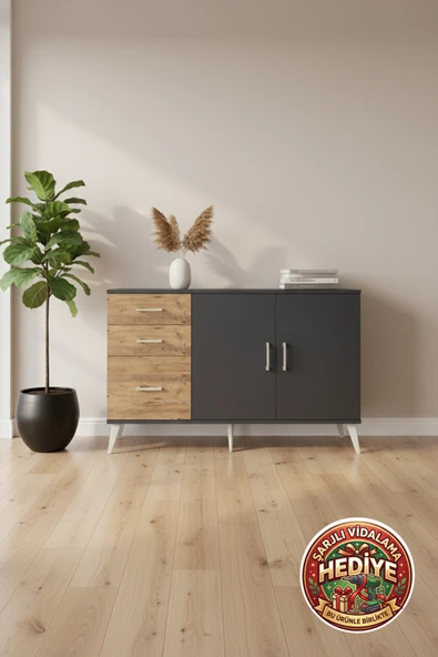 mobihobi Luna Konsol: 2 Raflı 3 Çekmeceli 2 Kapaklı Antrasit/Çam 132x44x83 ürün görseli 1