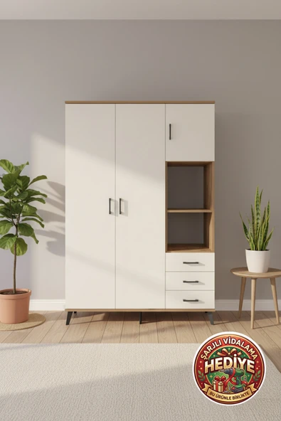 mobihobi Luna Gardırop 5 Raflı 3 Çekmeceli Tek Askılı 132x44x195 Çam-Aytaşı ürün görseli 1