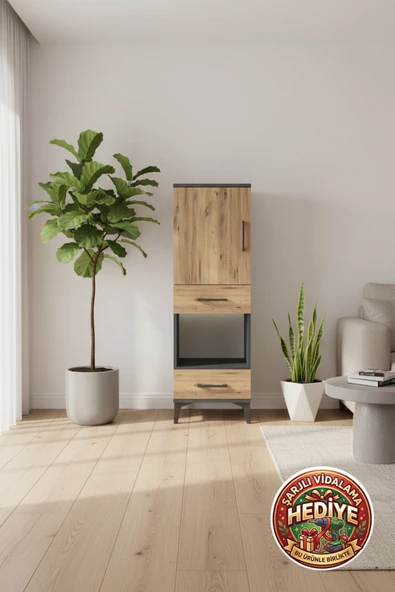 mobihobi Silva Dolap: 3 Raflı, 2 Çekmeceli, 1 Kapaklı, Antrasit-Çam, 44x30x134 cm ürün görseli 1