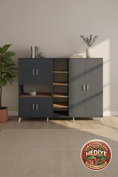 mobihobi Luna Dolap 13 Raflı 6 Kapaklı: Şık Antrasit & Çam Tasarım 220x44x163cm ürün görseli 1