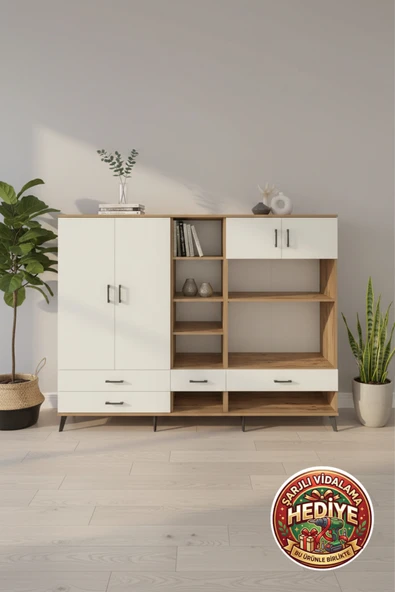 mobihobi Luna Dolap: 12 Raflı, 4 Çekmeceli, 4 Kapaklı 220x44x163cm - Çam & Aytaşı ürün görseli 1