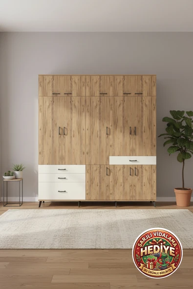 mobihobi Aura 8 Raflı 4 Çekmeceli 3 Askılı Geniş Dolap 220x59x243 Çam/Aytaşı ürün görseli 1