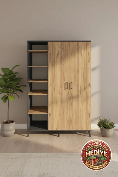 mobihobi Luna Gardırop: 7 Raflı, 2 Kapaklı, 1 Askılı, Antrasit & Çam | Modern Depolama Çözümü ürün görseli 1