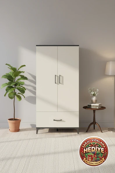 mobihobi Luna Dolap: 4 Raflı, 1 Çekmeceli, 2 Kapaklı, 88x44x182cm, Antrasit-Aytaşı ürün görseli 1
