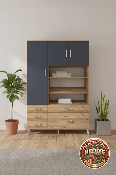 mobihobi Luna Dolap: 9 Raflı, 5 Çekmeceli, 3 Kapaklı - 132x44x195 Çam/Antrasit ürün görseli 1
