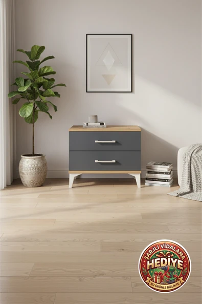 mobihobi Luna 2 Çekmeceli Komodin: Şık Çam-Antrasit Tasarım 44x44x48 cm ürün görseli 1