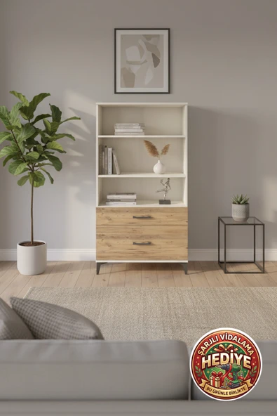 mobihobi Silva 3 Raflı 2 Çekmeceli Dolap: Aytaşı-Çam Şıklığı 88x30x163 ürün görseli 1