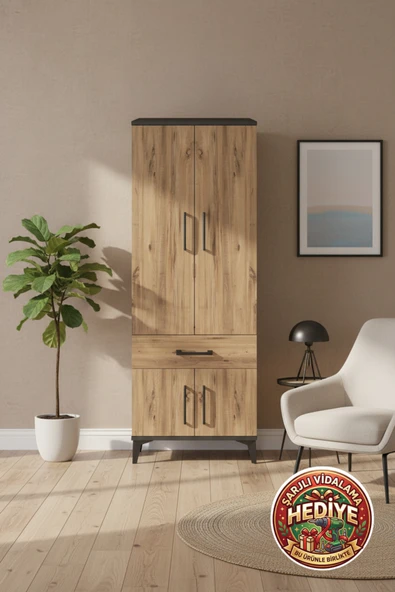mobihobi Silva Dolap: 3 Raflı, 1 Çekmeceli, 4 Kapaklı Antrasit-Çam 60x30x163cm ürün görseli 1