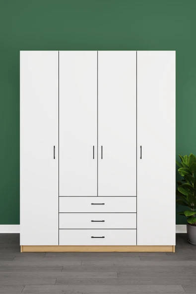 Lüks 4 Kapaklı 3 Çekmeceli Gardırop %100 MDF Askılı Düzenleyici Elbise Dolabı G02 ürün görseli 1