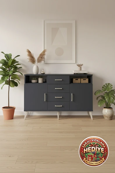mobihobi Luna Konsol: 4 Raflı, 4 Çekmeceli, 2 Kapaklı Antrasit-Antrasit (132x44x83cm) ürün görseli 1