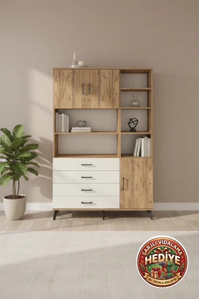 mobihobi Silva 9 Raflı 4 Çekmeceli 3 Kapaklı Dolap: Atlas Çam & Aytaşı (132x30x195) ürün görseli 1