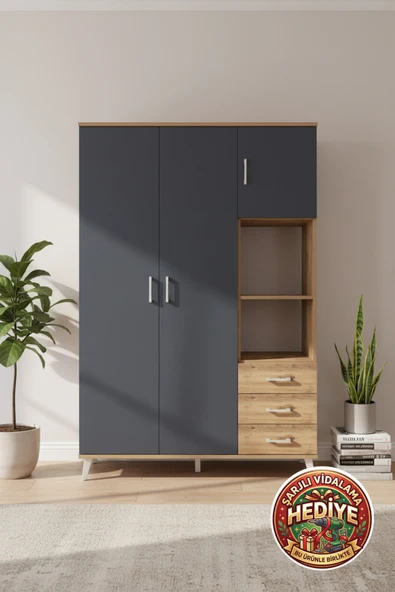 mobihobi Silva 5 Raflı 3 Çekmeceli Askılı Dolap (132x30x195) Çam-Antrasit ürün görseli 1