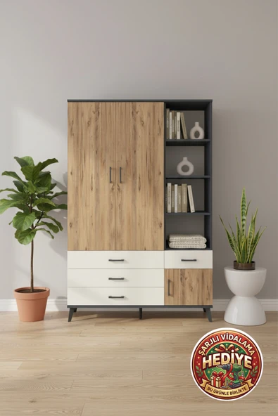 mobihobi Aura Dolap 5 Raflı 4 Çekmeceli 1 Askılı Antrasit-Çam/Aytaşı 132x59x195 ürün görseli 1