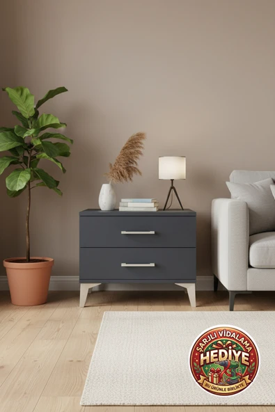 mobihobi Silva Antrasit 2 Çekmeceli Komodin | 60x30x48 cm | Şık ve Fonksiyonel ürün görseli 1