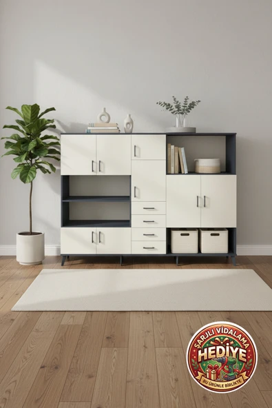 mobihobi Luna Dolap 10 Raflı 4 Çekmeceli 8 Kapaklı 220x44x163 Antrasit-Aytaşı | Modern Depolama Çözümü ürün görseli 1
