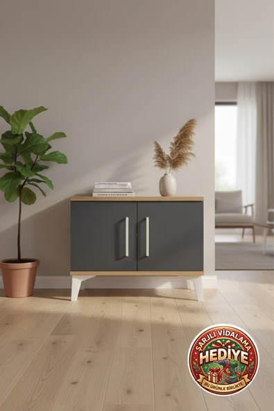 mobihobi Silva Komodin 2 Kapaklı Raflı 60x30x48 Çam-Antrasit | Modern Depolama ürün görseli 1