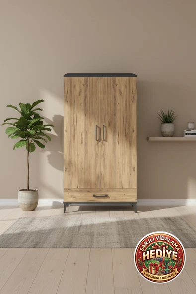 mobihobi Silva Dolap 4 Raflı 2 Kapaklı 1 Çekmeceli 88x30x163 Antrasit-Çam ürün görseli 1