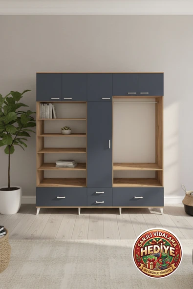 mobihobi Luna Gardrop 18 Raflı 4 Çekmeceli Tek Askılı 220x44x243 Cm Çam/Antrasit ürün görseli 1