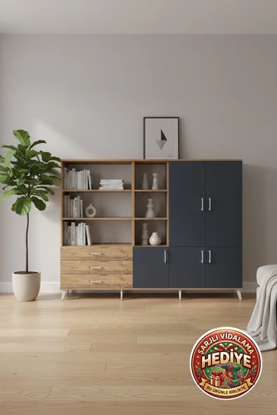 mobihobi Silva Dolap 11 Raflı 3 Çekmeceli 5 Kapaklı 220x30x163 Çam-Antrasit: Şıklık ve Fonksiyonel Çözüm ürün görseli 1