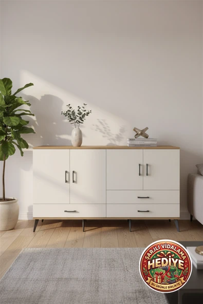 mobihobi Luna Konsol: 5 Raflı, 3 Çekmeceli, 4 Kapaklı 176x44x99 Çam-Aytaşı ürün görseli 1