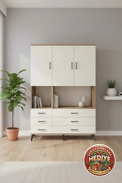 mobihobi Luna Gardrop: 6 Raflı, 6 Çekmeceli, 3 Kapaklı (132x44x195) Atlas Çam & Aytaşı ürün görseli 1