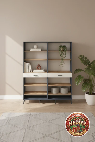 mobihobi Silva Gardırop 10 Raflı 2 Çekmeceli 176x30x221 Antrasit-Çam/Aytaşı ürün görseli 1