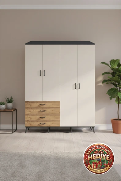 mobihobi Aura Gardrop: 6 Raf, 4 Çekmece, Tek Askılı - Antrasit/Aytaşı 176x59x221 ürün görseli 1