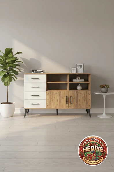 mobihobi Silva Konsol 4 Raflı 4 Çekmeceli 2 Kapaklı | 132x30x83 Atlas Çam Aytaşı ürün görseli 1