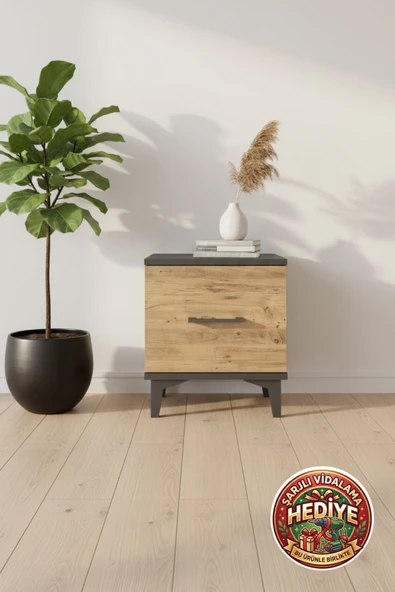 mobihobi Silva Antrasit-Çam Tek Çekmeceli Komodin 44x30x48 Cm - Modern Dekorasyon ürün görseli 1