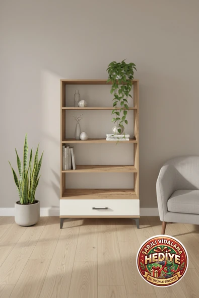mobihobi Silva Dolap 4 Raflı Tek Çekmeceli 88x30x163 Çam-Aytaşı - Şık ve Fonksiyonel Depolama Çözümü ürün görseli 1