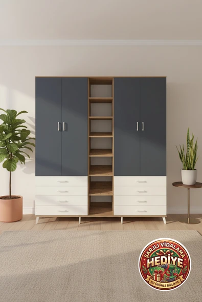 mobihobi Aura Dolap 220x243 cm: Raflı, Çekmeceli, Askılı Geniş Depolama (Çam/Antrasit) ürün görseli 1