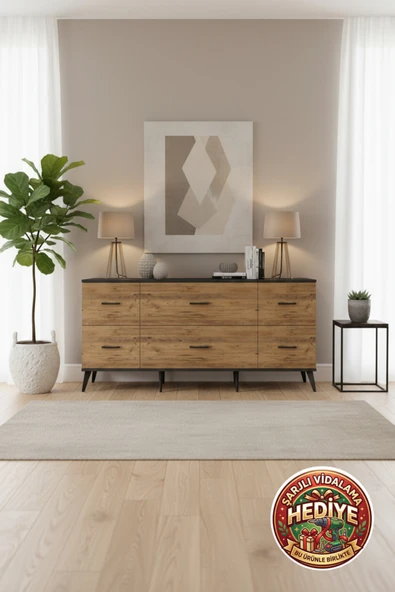 mobihobi Luna Konsol 6 Çekmeceli 176x44x83 Antrasit-Çam: Şıklık ve Fonksiyonellik ürün görseli 1