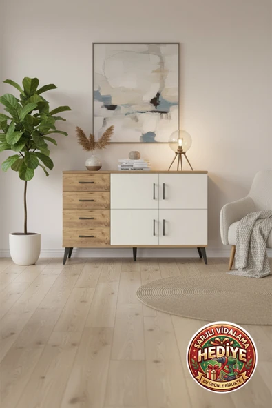 mobihobi Luna Konsol: 4 Çekmece, 4 Kapaklı, 2 Raflı TV Ünitesi & Depolama (132cm) ürün görseli 1
