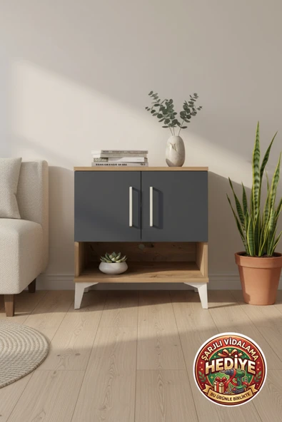 mobihobi Luna Komodin 2 Raflı 2 Kapaklı 60x44x64 Çam-Antrasit | Modern Yatak Odası Mobilyası ürün görseli 1