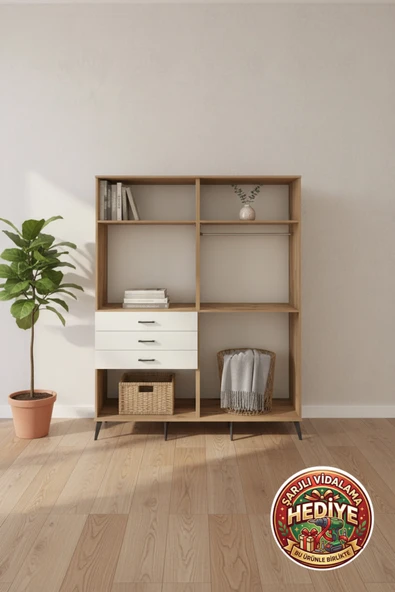 mobihobi Luna Gardrop 4 Raflı, 3 Çekmeceli, 2 Askılı - Çam/Aytaşı 176x44x221 ürün görseli 1