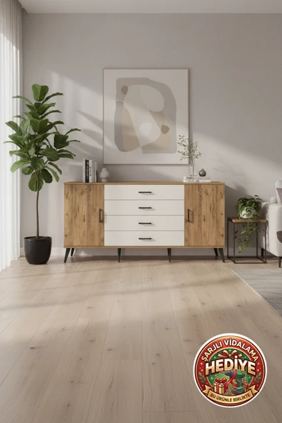 mobihobi Luna 2 Raflı 4 Çekmeceli 2 Kapaklı Konsol: Atlas Çam/Aytaşı, 176x44x83 cm ürün görseli 1