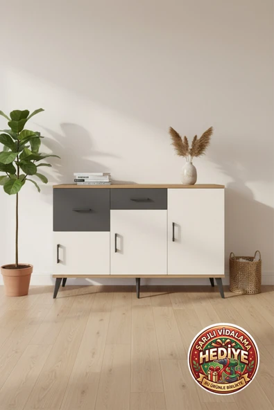 mobihobi Luna Konsol 3 Raflı 2 Çekmeceli 3 Kapaklı 132cm - Çam/Aytaşı/Antrasit ürün görseli 1