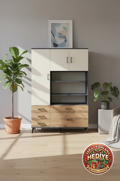mobihobi Silva Dolap 9 Raflı 5 Çekmeceli 3 Kapaklı 132x30x195 Antrasit-Aytaşı/Çam ürün görseli 1