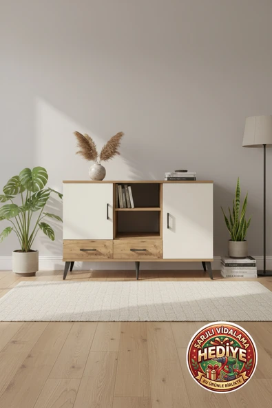 mobihobi Luna Konsol 5 Raflı 2 Çekmeceli 3 Kapaklı Çam-Aytaşı 132x44x83 cm ürün görseli 1