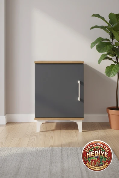 mobihobi Silva Komodin 2 Raflı Tek Kapaklı 44x30x64 Çam-Antrasit | Modern Depolama Çözümü ürün görseli 1