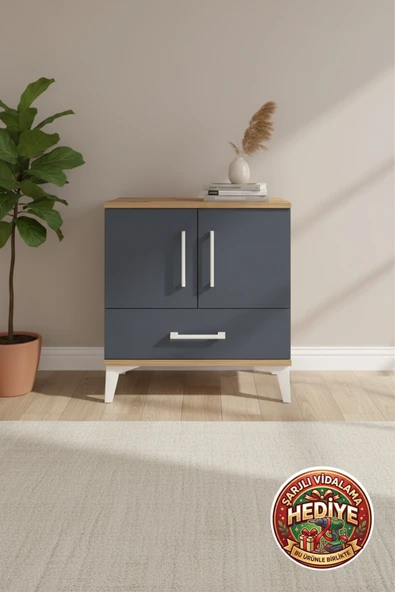 mobihobi Luna Komodin 2 Raflı, 1 Çekmeceli, 2 Kapaklı 60x44x64 Çam-Antrasit ürün görseli 1