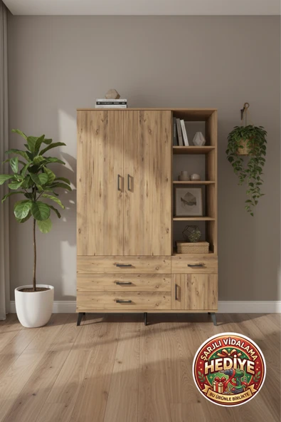 mobihobi Aura Gardrop 5 Raflı 4 Çekmeceli Tek Askılı 132cm Atlas Çam ürün görseli 1