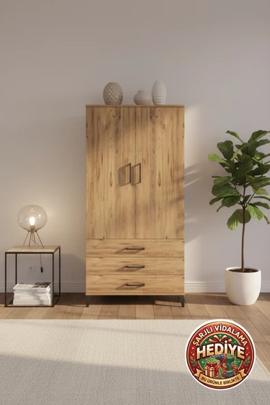mobihobi Luna Tek Raflı 3 Çekmeceli Çam Dolap - 88x44x182cm - Depolama & Şıklık ürün görseli 1