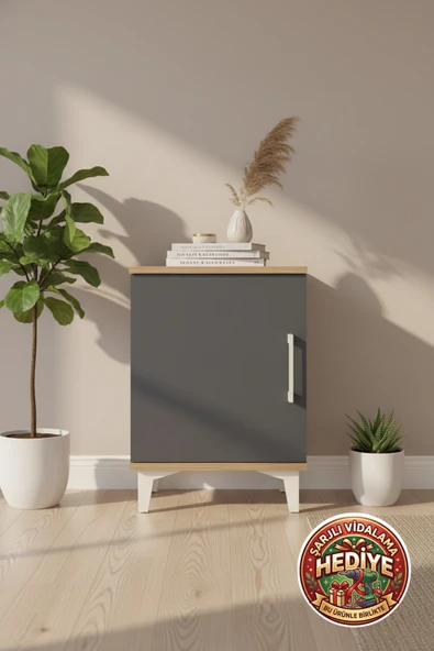 mobihobi Luna Komodin Çam-Antrasit Tek Kapaklı Raflı 44x44x64 Cm ürün görseli 1
