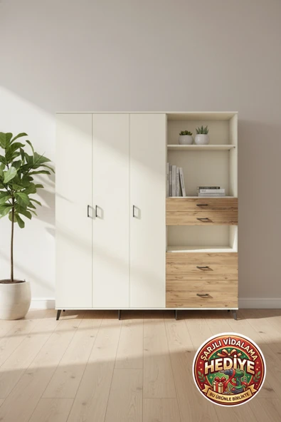 mobihobi Silva 12 Raflı 4 Çekmeceli Tek Askılı Dolap 220x30x243 Aytaşı/Çam ürün görseli 1