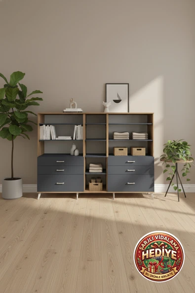 mobihobi Luna Dolap 10 Raflı 6 Çekmeceli 220x44x163 Çam-Antrasit | Fonksiyonel Depolama ürün görseli 1