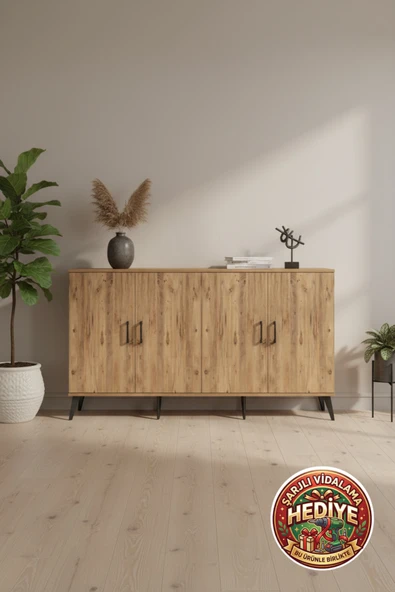 mobihobi Silva Konsol 4 Raflı 4 Kapaklı 176x30x99 Çam Çam - Estetik Depolama Çözümü ürün görseli 1
