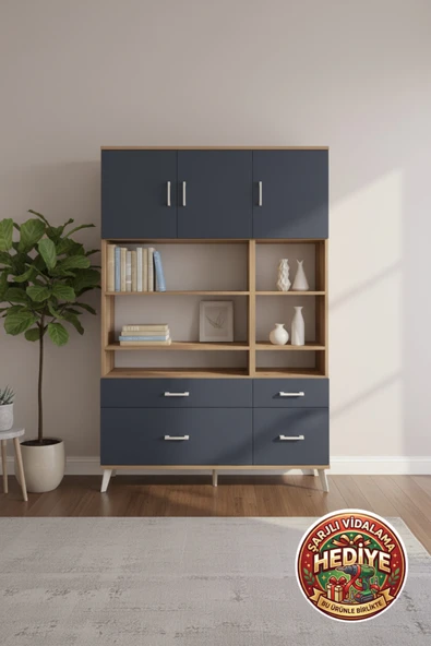 mobihobi Silva Gardırop: 10 Raflı, 4 Çekmeceli, 3 Kapaklı (132x30x195) ürün görseli 1