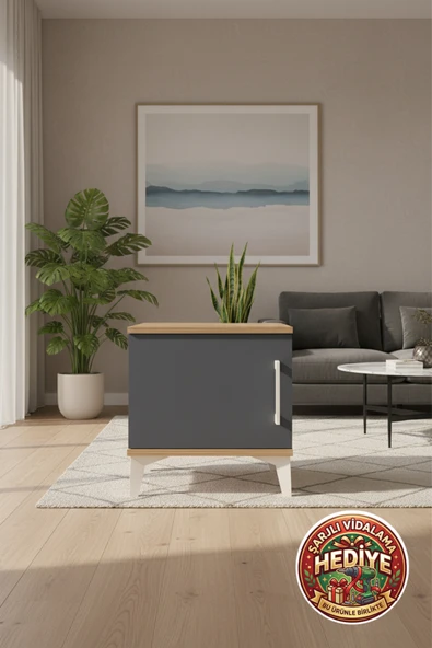 mobihobi Luna Komodin 44x44x48 cm | Tek Kapaklı, Çam-Antrasit, Şık Tasarım ürün görseli 1
