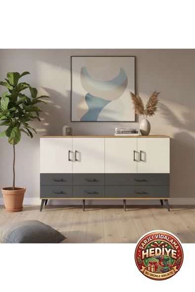 mobihobi Luna Konsol: 6 Raflı 6 Çekmeceli 4 Kapaklı 176cm Çam-Aytaşı/Antrasit ürün görseli 1